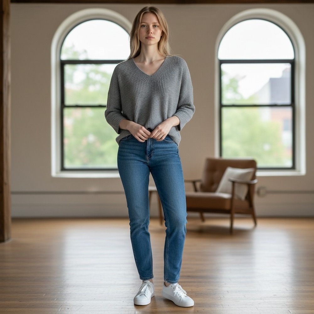 Madewell Wool Sweater Women S F8875 Gray V-Neck Ribbed Knit Merino Pullover Top
